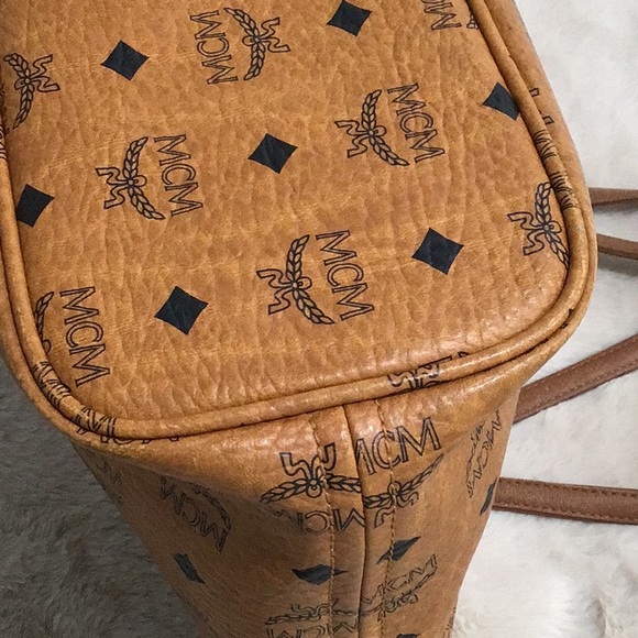 MCM #H5822 Vintage Visetos Blue Stripes Monogram Small Tote Bag  EUC Cognac - Picture 8 of 16